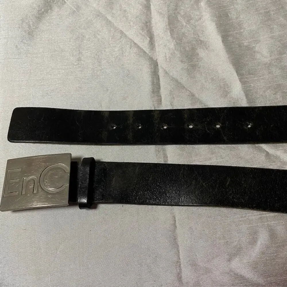 EnC Black Leather Belt Logo Silver Buckle 28 to 33 inch length